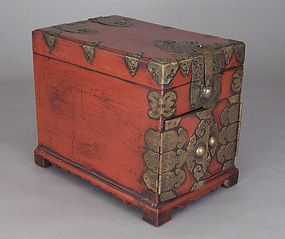 Korean Burgundy Lacquered and Brass Bound Safe Chest
