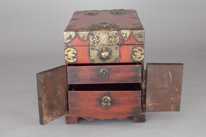 Korean Burgundy Lacquered and Brass Bound Safe Chest