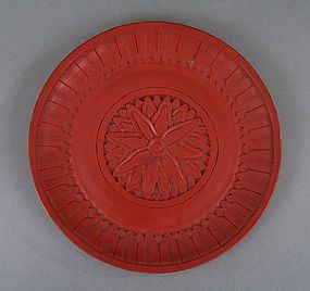 Chinese Carved Cinnabar Saucer Dish, Chrysanthemum