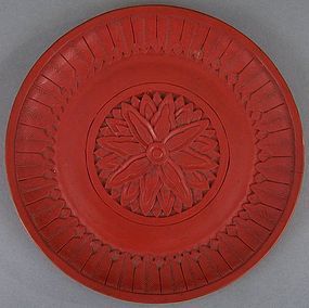 Chinese Carved Cinnabar Saucer Dish, Chrysanthemum