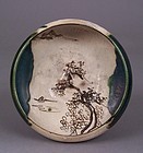 Japanese Oribe Shallow Bowl, Zen Landscape Decoration
