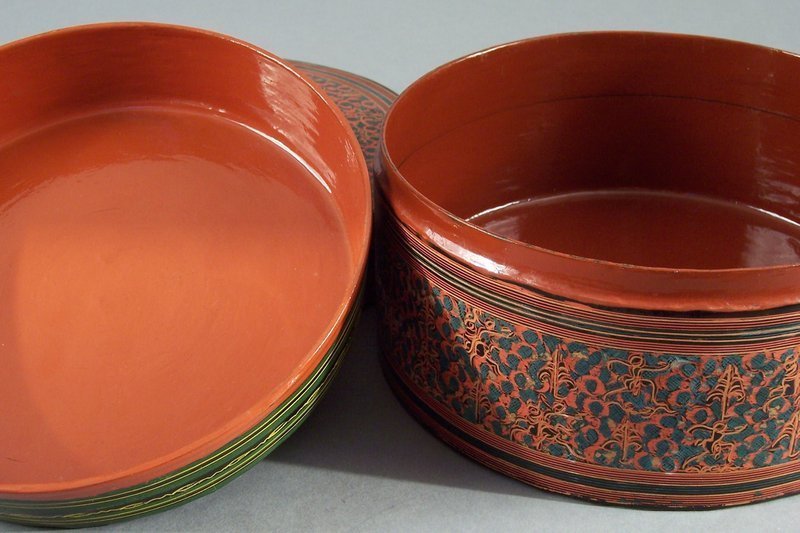 Burmese Red Lacquer Covered Box With Fitted Bowl Insert
