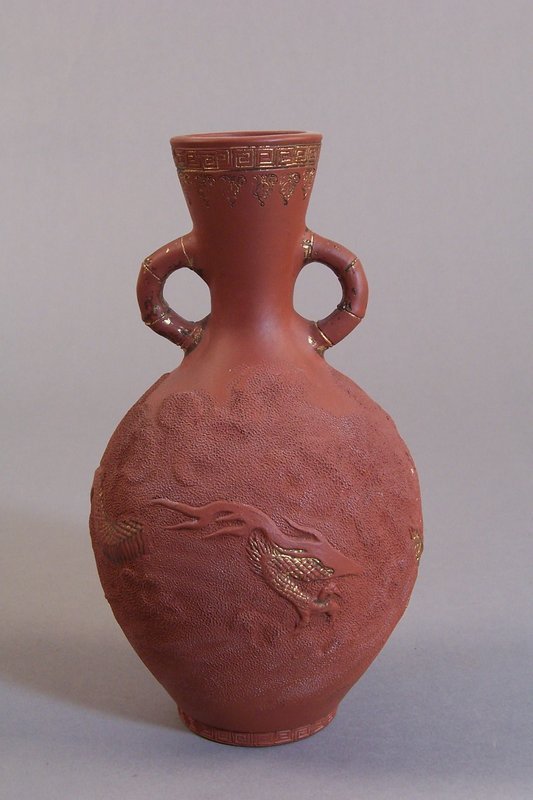 Tokoname Redware Vase. Dragon in Clouds Decoration.