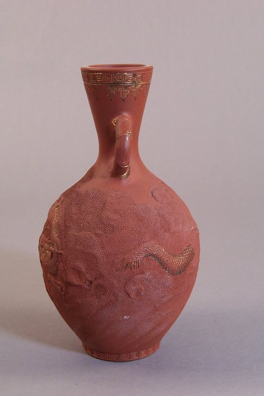 Tokoname Redware Vase. Dragon in Clouds Decoration.