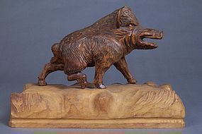 Black Forest Carved Wood Boar, Signed, Dated, Shop Mark