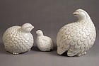 Japanese studio porcelain Quail family, 2 pieces plus 1