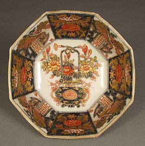 Genroku Era Octagonal Imari Bowl. Flowers, Boats Decor