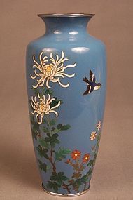 Japanese Silver Wire Cloisonne Vase, Bird and Flowers
