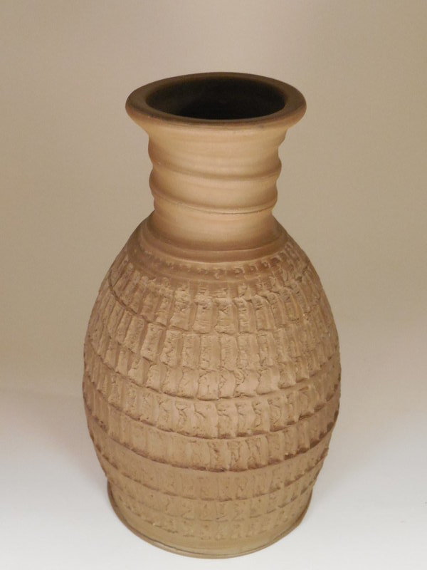 Modern, Unglazed,Japanese Brown Pottery Vase, Bold Chatter Decoration