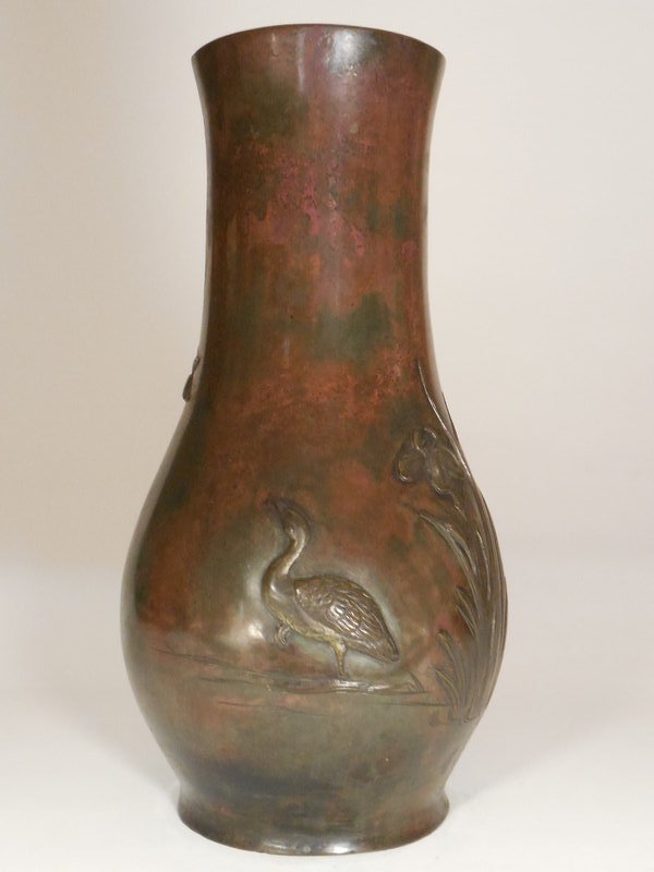 Japanese Murashido Patinated Bronze Vase, Geese and Irises Decoration