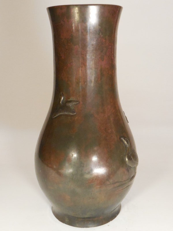 Japanese Murashido Patinated Bronze Vase, Geese and Irises Decoration