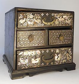 Korean Mother Of Pearl Inlaid Black Lacquer Small Chest With Drawers