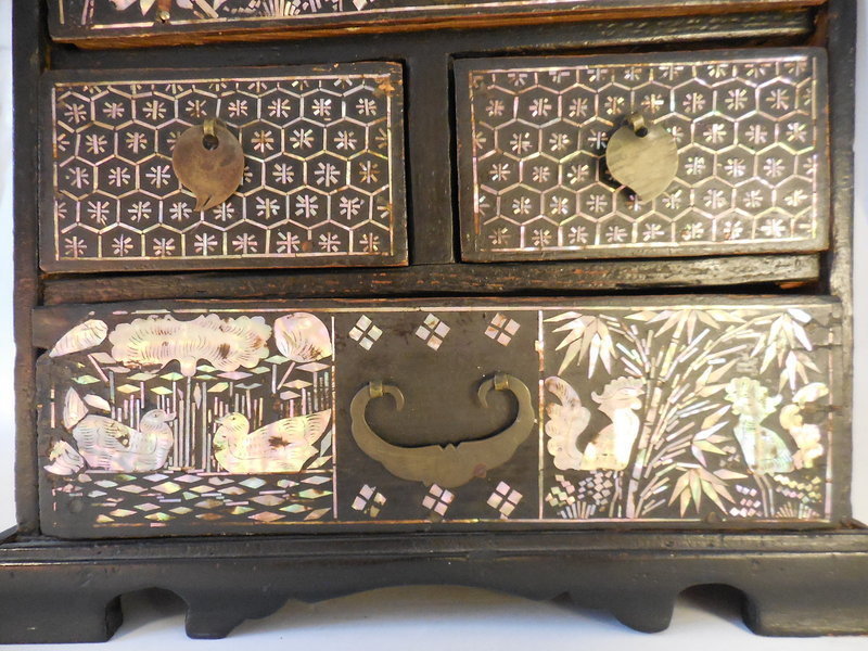 Korean Mother Of Pearl Inlaid Black Lacquer Small Chest With Drawers