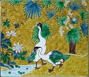 Yoshidaya Type Ao-Kutani Porcelain Plaque, Geese, Palm, Lotus, 19th C.