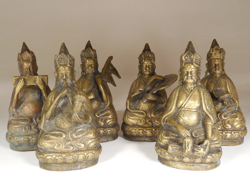 Set Six Indonesian Bronze Mandala Figures with Instruments and Sutra