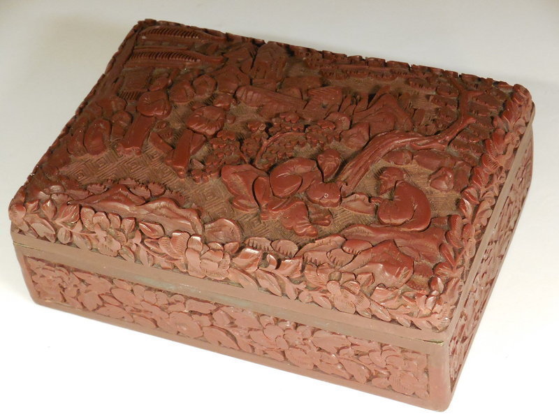Chinese Carved Dark Red Cinnabar Box WIth Figures In Garden Landscape