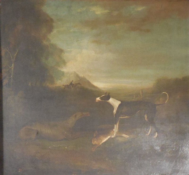 English Animalier Hunt Painting. Greyhounds With Hare, Huntsman Beyond