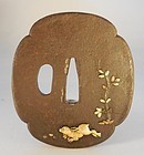 Iron Mokogata Form Iron Tsuba, Gilt Relief Hare and Vine Decoration