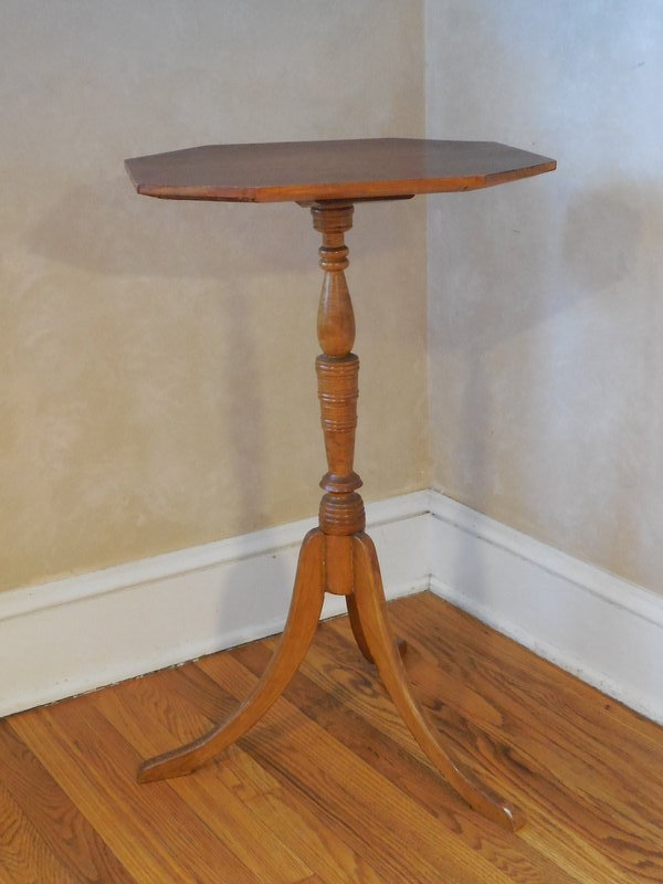 Curly and Birdseye Figured Maple Stand, Turned Column, Octagonal Top
