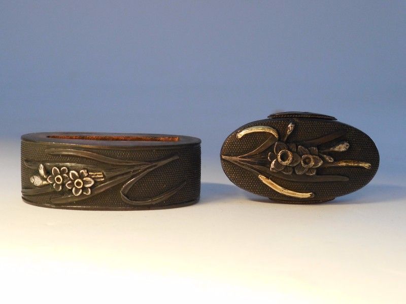 Shakudo and Mixed Metal Fuchi-Kashira, Gold, Silver Flowers Decoration