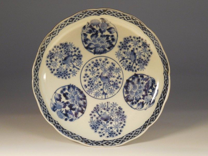 A Japanese Shonsui Style Blue &amp; White Porcelain Foliate Dish, Roundels