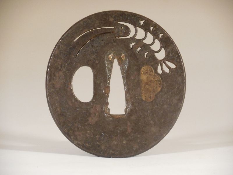 Katchushi Iron Tsuba with Sukashi Decoration of Ebi