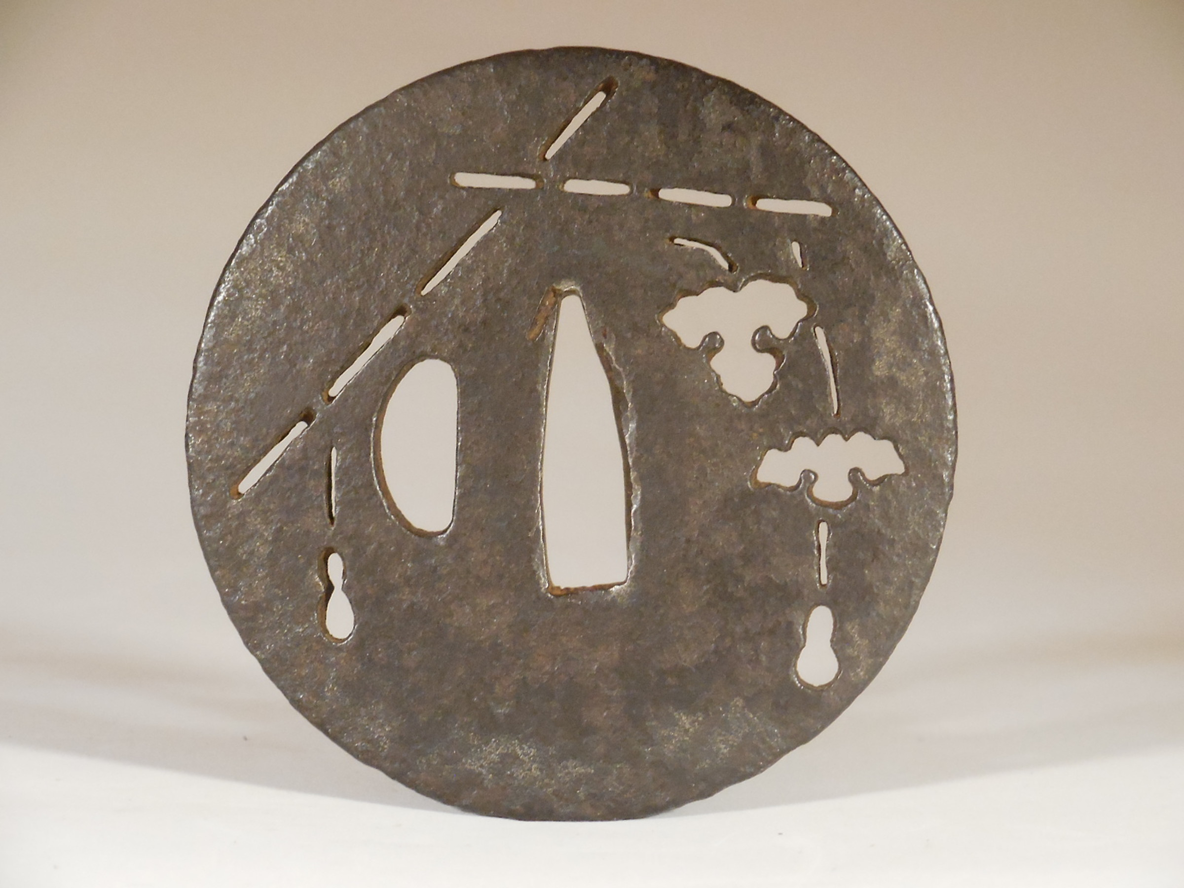 Ko-Tosho Tsuba with Sukashi Decoration of Bamboo Trellis and Eggplants