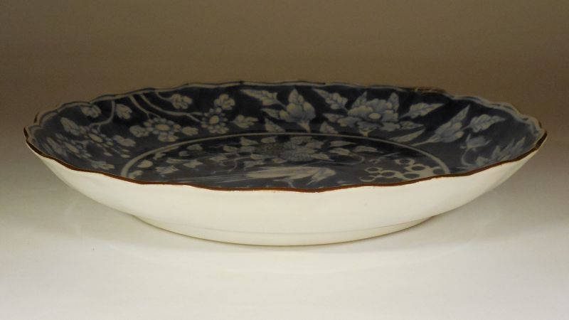 Japanese Blue and White Kakiemon Type Porcelain Dish, Bird in Branches