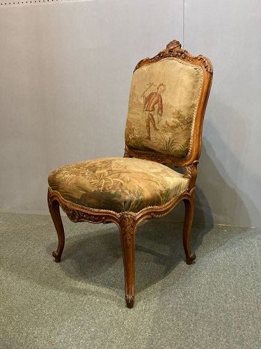 Fine 19th C. Louis XV Style Side Chair. 18th C. Tapestry Upholstery
