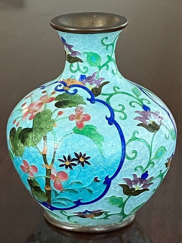 Small Signed Ginbari Cloisonne Vase Colorful Flowers & Bird Decoration