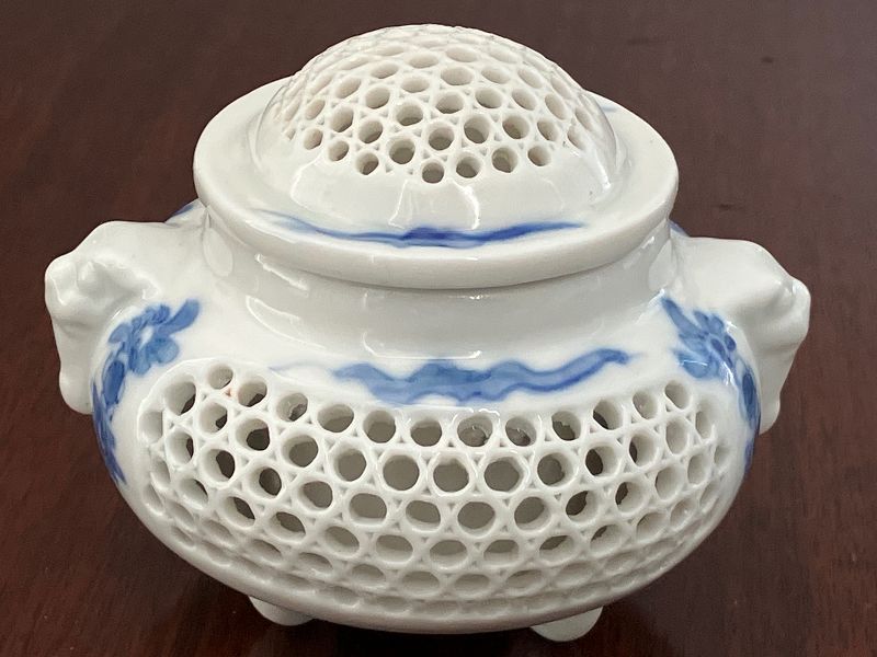 A Hirado Porcelain Covered Censer. Articulated, Lattice Cover & Sides
