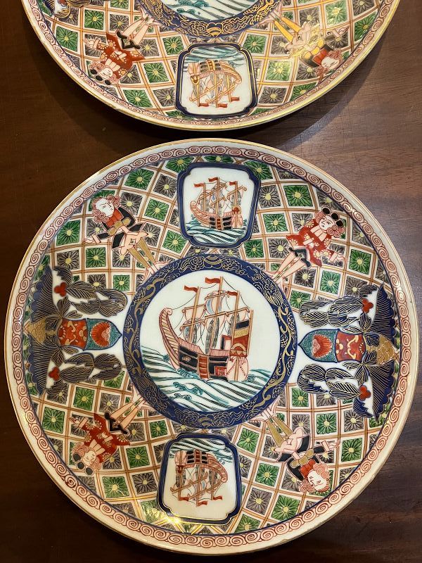 Pair Japanese Imari Porcelain Dishes - Namban "Black Ship" Decoration