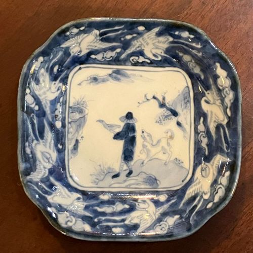 Small Japanese Arita Blue & White Porcelain Sauce Dish - Namban Motif