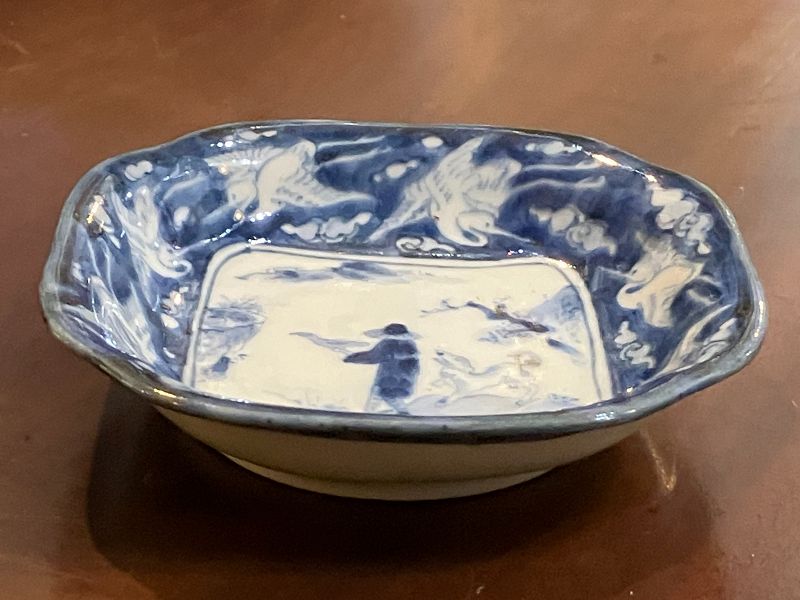 Small Japanese Arita Blue & White Porcelain Sauce Dish - Namban Motif