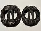 Daisho Haruta school iron tsuba. Weathered wood, gin-zogan woodworms