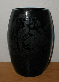 Peacock & Wild Rose 8 1/4" Elliptical Vase - black