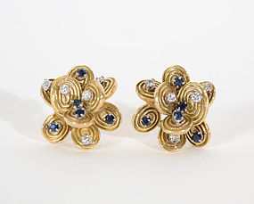 Gold Earrings with Diamonds and Sapphires: Circa 1960