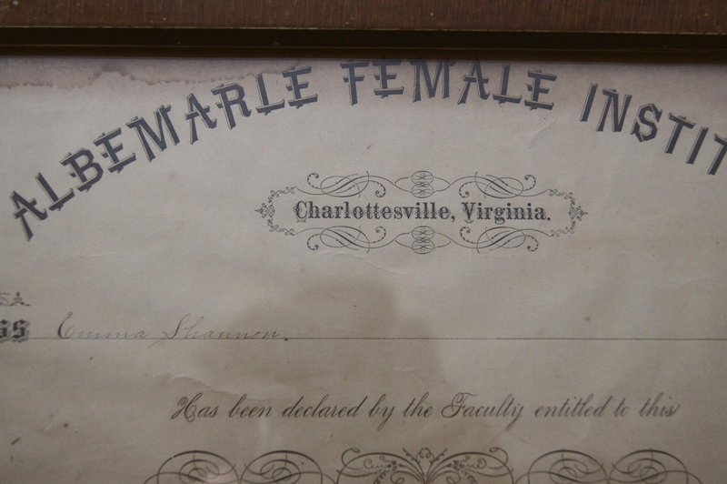 1885 School Certificate Albemarle Female Institute Charlottesville VA