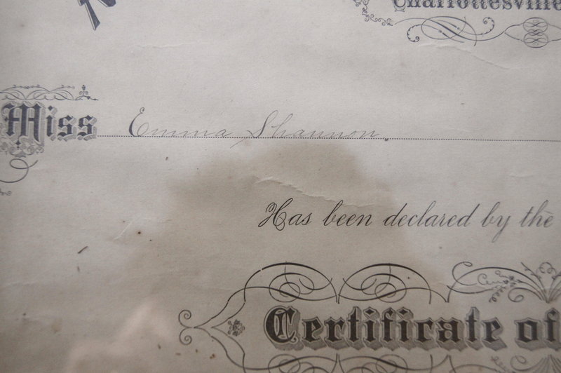 1885 School Certificate Albemarle Female Institute Charlottesville VA