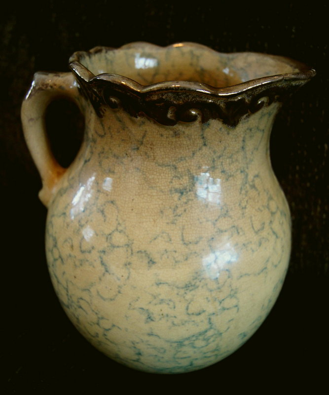 C1920 Ohio Origin Yellowware Blue Spongeware Water Pitcher