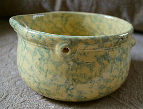 C1920 Spongeware Ohio Yellowware Blue Batter Bowl