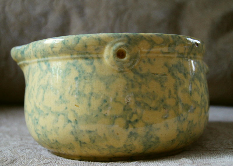 C1920 Spongeware Ohio Yellowware Blue Batter Bowl