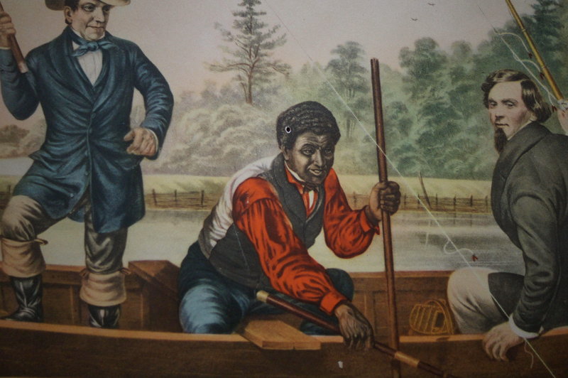 1854 Currier + Ives Fishing Theme Black Memorabilia CATCHING A TROUT