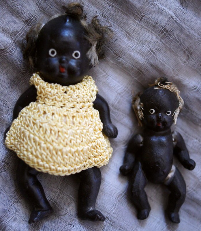 C1930s Pair Miniature Black Bisque Ceramic Baby Dolls