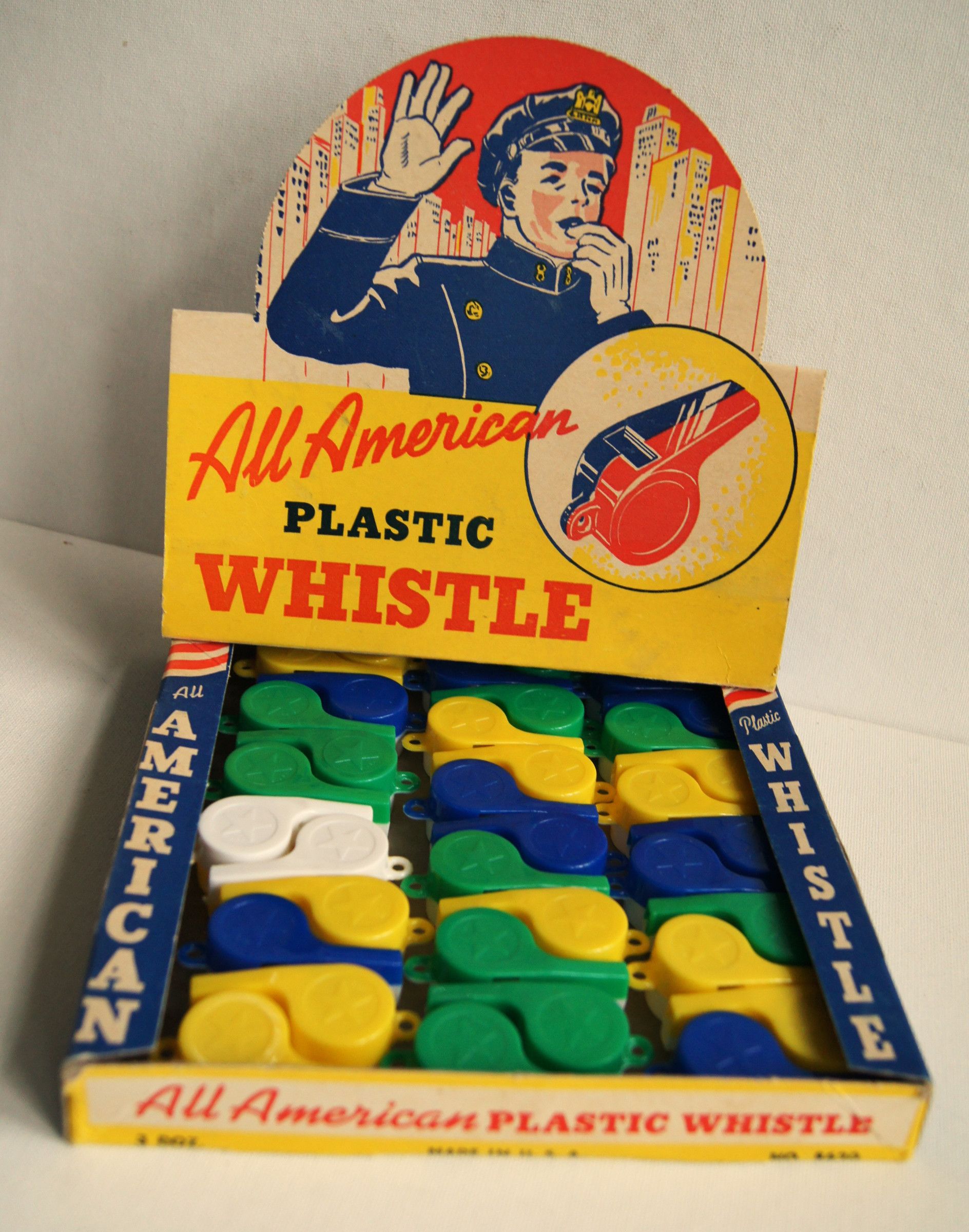 C1950s 24 Boxed Colorful Toy Police Plastic Whistles All Original