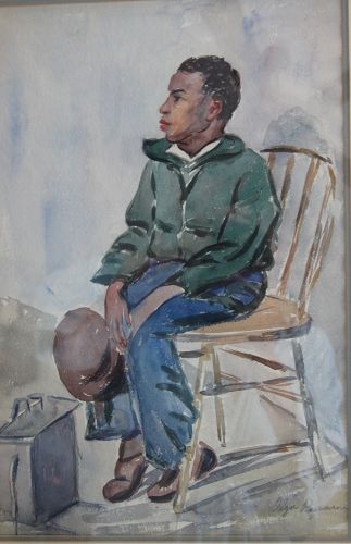 1934 Watercolor Young Black Shoe Shine Boy LISTED ARTIST Olga Rosenson