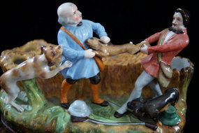 C1860 European Porcelain Inkwell Two Hunters Fighting Over A Hare