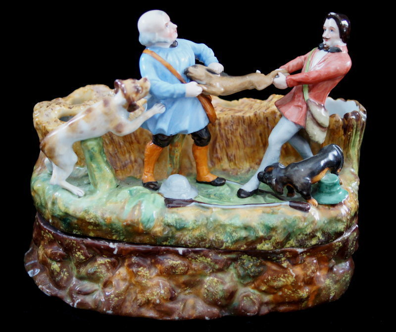 C1860 European Porcelain Inkwell Two Hunters Fighting Over A Hare