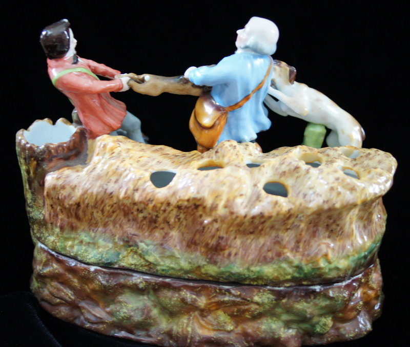 C1860 European Porcelain Inkwell Two Hunters Fighting Over A Hare