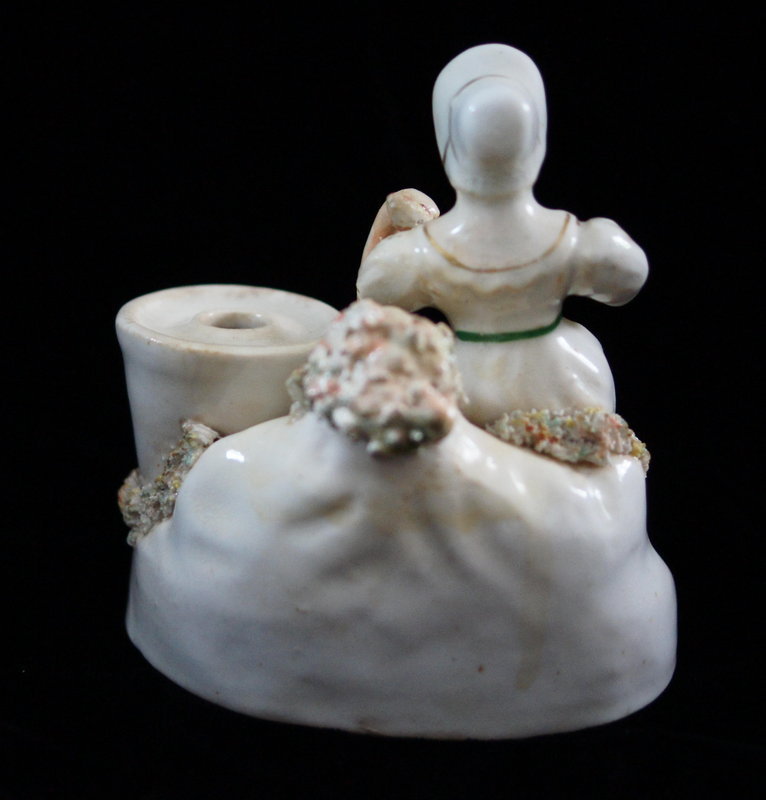 C1830 English Porcelain Inkwell Quill Holder Girl Playing Lute